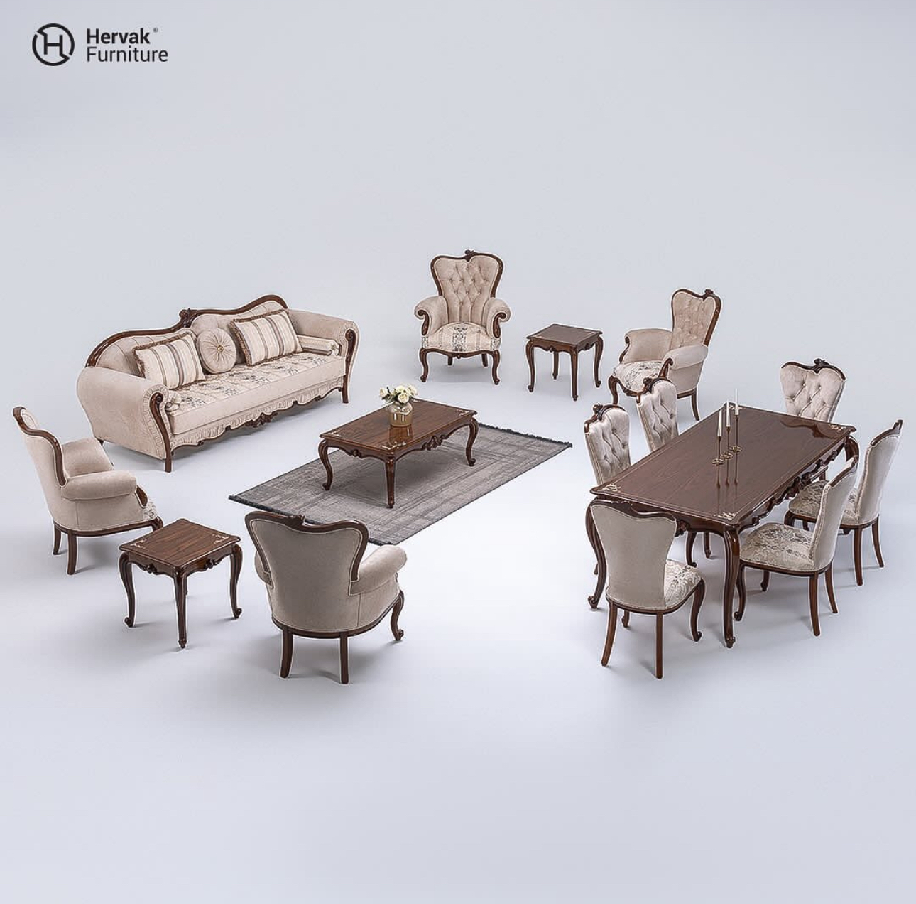 مبل کلاسیک 7 نفره فلور (شرکت هرواک)-کرم گل آدوکسان